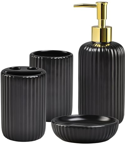 Black Bathroom Accessories Set, 4 Piece Ceramic Bathroom Set Complete - Toothbrush Holder, Soap Dispenser, Soap Dish, Toothbrush Tumbler, Elegant Bathroom Decor