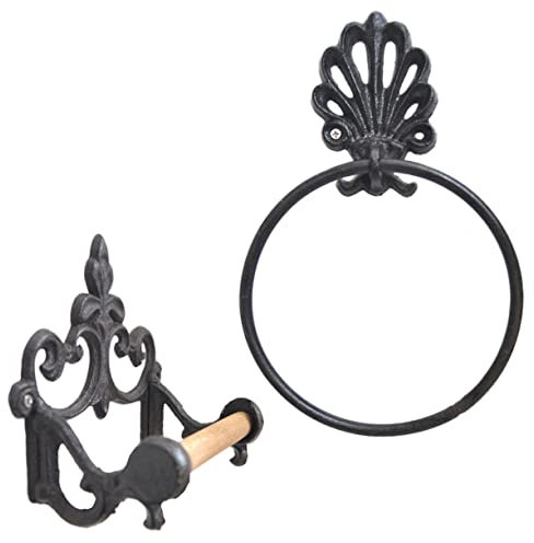 Homoyoyo 2pcs Retro Wrought Iron Towel Hanging Rack Tissue Holder Multifunctional Bathroom Accessory Space-saving Design for Home Decor Black Finish Easy Installation Included