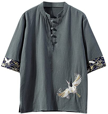 Uwdiohq Vintage col Coton Chemise à Manches Courtes Hommes Tang vêtements Plaque Boucle décontracté Hommes Respirant Hauts T-Shirts en Polyester