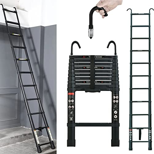 Teleskopleiter 3.2M mit Haken, Klappleiter Ausziehleiter für Dachboden, Aluminium Leiter 11 Treppenleiter - EN 131 Standard, Ausziehleiter Teleskopleiter - 150 kg Belastbarkeit