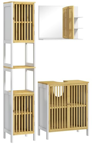 HOMCOM Conjunto de Baño Incluye 1 Mueble para Debajo del Lavabo 1 Columna de Baño y 1 Espejo de Baño Rectangular con Puerta de Bambú Estilo Moderno Blanco