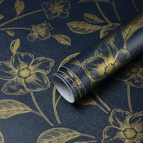 CiCiwind Papier peint autocollant motif fleurs - 44 × 300 cm - Doré et bleu - Imperméable - Revêtement mural autocollant - Pour meubles, porte, cuisine, armoire