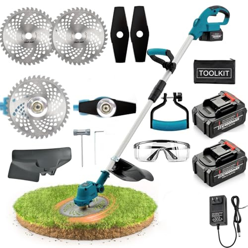 Cortabordes inalámbrico de 24 V, cortacésped eléctrico con hoja de metal, con 2 baterías de 3,0 Ah y cargador, cargador, 3 tipos de cuchillas, cortacésped de altura ajustable, desbrozadora ligera