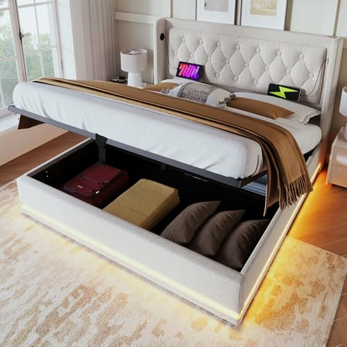 Merax Polsterbett 160x200cm, Doppelbett mit Stauraum und Lattenrost, LED Kopfteil mit USB C Ladefunktion, Hydraulisches Stauraumbett, Modern Funktionsbetten Bettgestell, Beige Baumwolle, Ohne Matratze