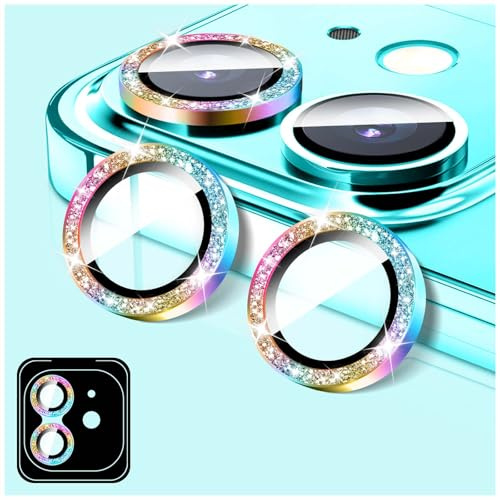 LucBuy Camera Lens Protector Compatible for iPhone 13/13 Mini, Glitter 9H Tempered Glass Camera Cover Film Stickers, Automatic-Alignment Individual Metal Rings Shiny Phone Accessories