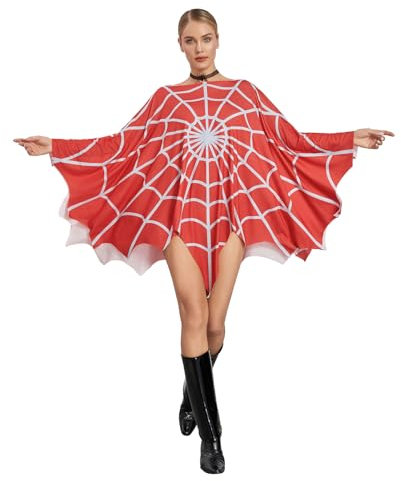 Achlibe Halloween-Poncho-Umhang für Damen, Spinnennetz-Umhang, Tag der Toten, Kostüme, Party, Cosplay, Outfit (A-Red, Einheitsgröße)