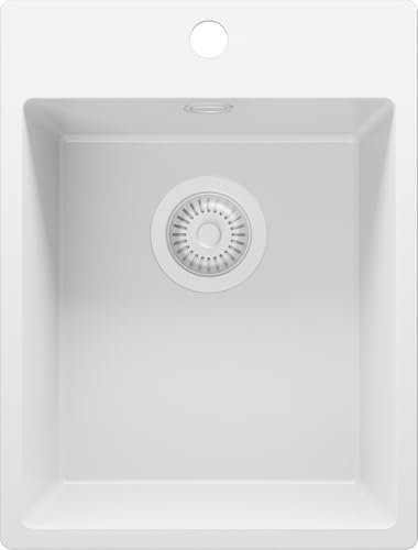 PRIMAGRAN Evier Cuisine en Granit Tout Blanc 38x50cm, Lavabo 1 bac + Kit de Vidage, Évier à Encastrer al mueble 40cm - Riga S008