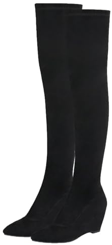 FUIPOT Stivali Lunghi sopra Il Ginocchio da Donna, Stivali in Pelle Scamosciata con Punta affilata, Cerniera Laterale, Tacco a Zeppa, Stivali sopra Il Ginocchio Elastici, Tinta Unita,Nero,36 EU