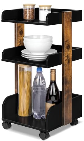 bomoe Carro de Cocina con 4 Ruedas bloqueables y 3 estantes Bosse - Madera FSC® Carro para Servir Carro para Manualidades Mesa Mueble Auxiliar Cocina 32x35x69cm Negro y Marrón