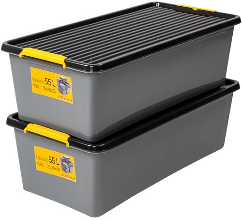 KONZEPT Boîte de rangement 55L avec couvercle et roulettes, lot de 2 boîtes de rangement pour cave, atelier, garage, boîtes empilables en différentes tailles