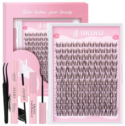 Uilulu Wimpern-Cluster-Set, 10–18 mm, D-Curl, falsche Wimpern-Cluster, DIY-Wimpernverlängerungs-Set mit Wimpernbindung und Dichtung, Wimpernkleberentferner, Wimpernpinzette (U09 Wimpern-Set)