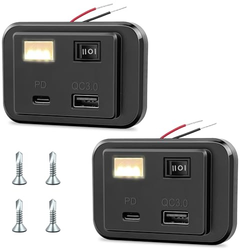 Hoembpn 2 Stück 40W PD 3.0 und QC 3.0 USB Steckdose Autoladegerät mit 3500K Nachtlicht und 3 Position Ein/Aus/Ein Schalter Dual USB-Port Schnellladebuchse für 12V/24V Wohnmobil, Auto, Motorrad, Boot