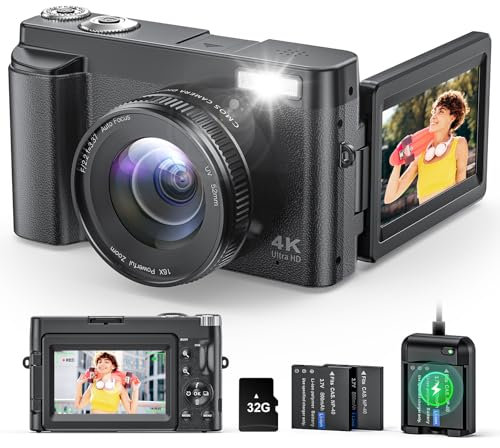 Digitalkamera 4K 48MP Kamera Fotokamera 16X Zoom mit 32GB Karte, Kompaktkamera mit 3 Klappdisplay, Autofokus, Blitz, Anti-Shake Vlog Kamera Selfies für Einsteiger