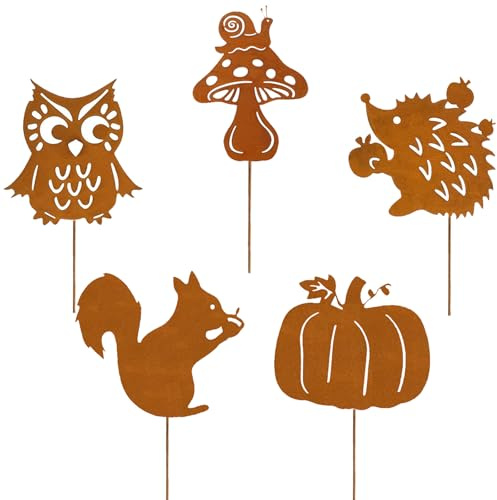 Ljevandria Gartenstecker Rost Herbstdeko Innen 5er Garten Deko Herbst für Draußen mit Igel Eule Pilze Eichhörnchen Kürbis Metall Roststecker Gartendeko Blumentopf Terrasse Geschenk Erntedank