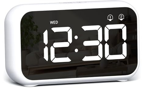 LATEC Alarm Clock, Digital Alarm Clock Bedside with LED Display, 4 Levels Brightness, 8 Volume, 40 Alarm Tones, Snooze, Dual Alarms, Week Display, 12/24H, Power-Off Memory, Bedside Clock White