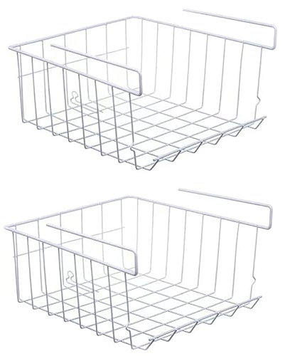 Pack of 2 Under Shelf Storage Baskets – Stackable Metal Wire Hanging Organisers for Kitchen, Pantry, Cabinet, Desk & Bookshelf | Rust-Proof White Undershelf Racks for Home & Office
