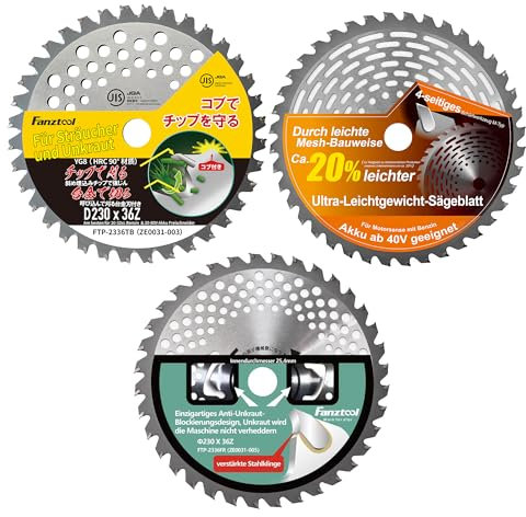 FANZTOOL Kit de lames de scie circulaire de 23 cm avec protège-dents pour débroussailleuse - Lame de rechange pour coupe-bordures sans fil et à essence - Idéal pour les travaux de tonte (36Z/ 36Z