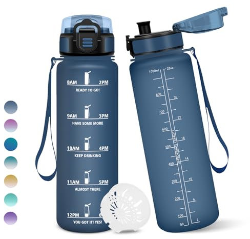 Motswedi Borraccia, 1000ML Senza BPA, Borraccia Bambini, Con marca temporale, Borraccia Motivazionale, Design della serratura a prova di perdite, Bottiglia Acqua per Sport, Scalare Montagne - Blu&Blu