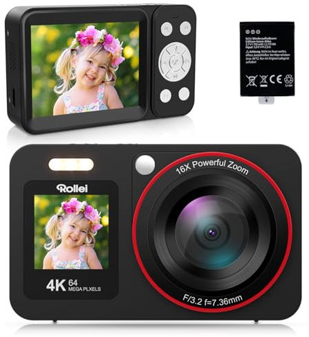 Appareil Photo Numérique Compact Rollei, Compactline 64 Dual Screen Appareil Photo 64MP 4K avec Double Écran Caméra Digitale avec Zoom 18X pour Enfants Débutants Noir, Appareil-Photo-Numérique-Compact