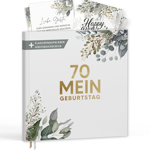 Gästebuch Mein 70. Geburtstag mit Weinetiketten – Erinnerungsbuch Eukalyptus Look Geschenk für Familie & Freunde zum Ausfüllen ohne Fragen – Hardcover Blanko 72 Seiten (70 Mein Geburtstag, 21x21cm)