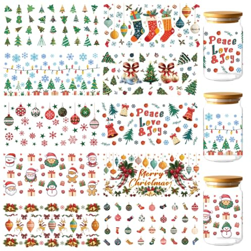 GOMAKERER 10 Sheets Christmas UV DTF Cup Wraps, Xmas Chandelier Elk Bells Rub on Transfer Decals PVC Waterproof Cup Transfer Stickers for DIY Bottles Drink Jam Cake Container