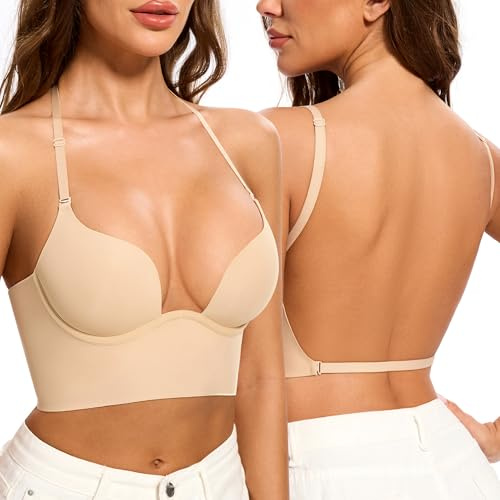 Low Back Bras for Women-Invisible Backless Bra-Seamless Secret Plunge Bra Lightly Lined Open Back Multiway Halter Bras(Nude, 32D)
