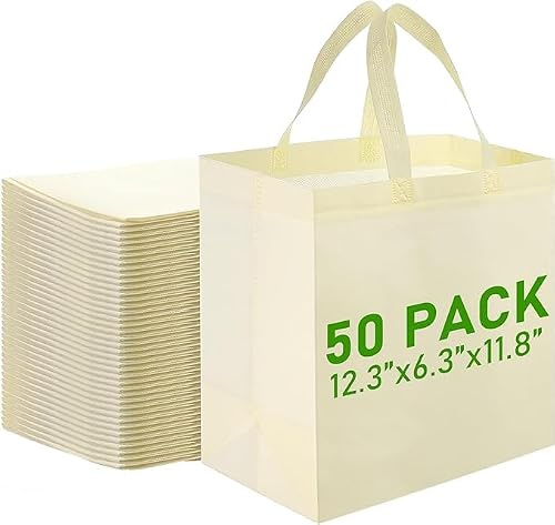 SWHCM 50 Sacs réutilisables en vrac, 32 x 16 x 30 cm, sacs de courses en tissu non tissé avec poignées, pliables pour magasins fêtes commerce de détail - beige