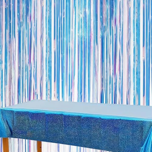 2 Stück Lametta Vorhang Blau und Tischdecke Kindergeburtstag, Glitzer Vorhang für Geburtstagsfeiern und Themenpartys, Blaues Lametta und Glitzervorhang Geburtstag Dekoration
