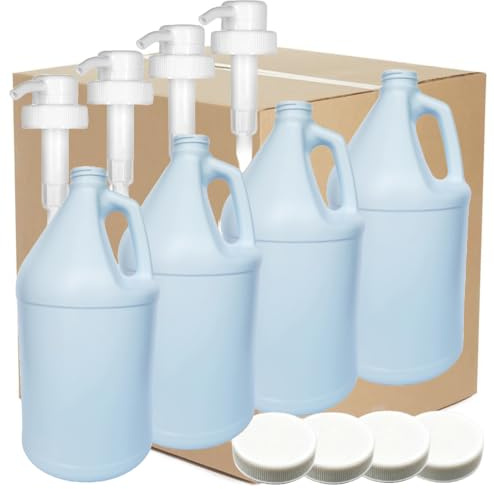 1 Gallon Plastic Jug (4-Pack) Reusable Food-Safe, Heavy-Duty HDPE Containers for Water, Sauces, Soaps, Detergents, Liquids with Screw-On Safety Cap and Pump Cap (White, 1 Gallon) (4-Pack)