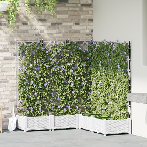QJBSAVVA Lot de 5 jardinières avec treillis Blanc 120 x 120 x 125,5 cm Pour jardin et balcon Jardinière verticale avec treillis réglable en hauteur
