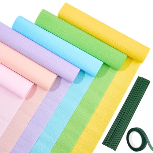 CRASPIRE 58Pcs Crepe Paper Flower DIY Kits Colourful Paper Sheets 6 Rolls Crepe Paper Sheets 36M Green Tape 50Pcs Green Floral Iron Wire for Wedding Birthday Holiday Party Decor(9.84inx8.2ft/Roll)