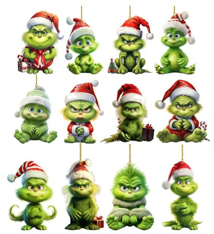 Decorazione Grinch, Decorazione Natalizia Grinch, Palle di Natale, 12 Pezzi Ciondoli Elfi Verdi, Figure Palle di Natale da Appendere all'Albero di Natale, Ciondoli in Acrilico 2D di Alta Qualità Con