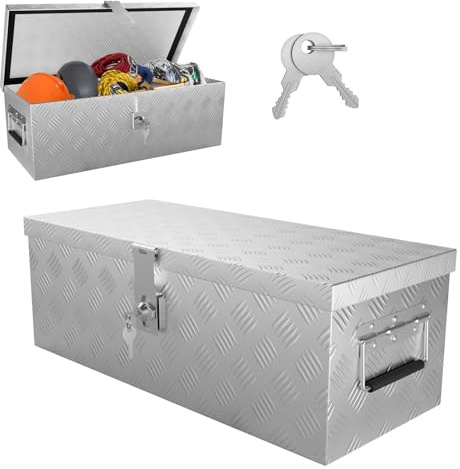 LZQ Aluminium Transportbox mit Deckel, 600x260x200 mm, Alukiste mit Schloss für Werkzeuge, stabil und wasserdicht, Deichselbox für Fahrzeuge und Anhänger (Silber)