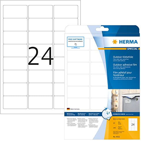 HERMA 9532 Wetterfeste Folienetiketten, 10 Blatt, 63,5 x 33,9 mm, 24 pro A4 Bogen, 240 Stück, selbstklebend, bedruckbar, matt, blanko Outdoor Klebeetiketten Aufkleber aus Polyethylen, weiß