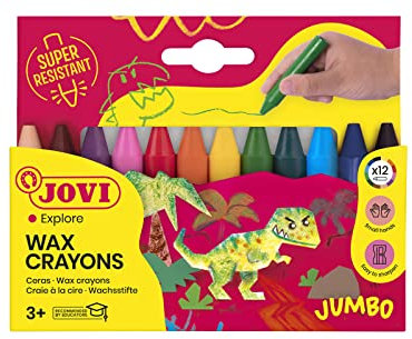 Jovi Wachsmalstifte Jovicolor, geruchlos, bruchsicher, leicht auswaschbar, für alle Altersgruppen, Schachtel mit 12 Farben