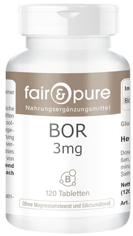 Fair & Pure Bor Tabletten 3mg Tagesdosis (Boron) als Natriumtetraborat, 120 Tabletten, schluckfreundlich, Nahrungsergänzungsmittel vegan ohne Magnesiumstearat, in Deutschland hergestellt