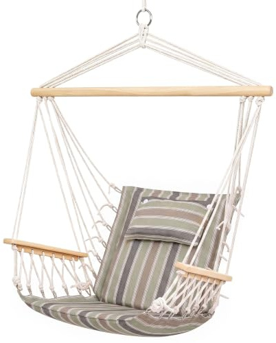 Outsunny Outdoor Hanging Hammock Chair Wooden Arms Multicoloured Stripes | Thick Rope Frame, Safe, Garden Outdoor Spot, Stylish