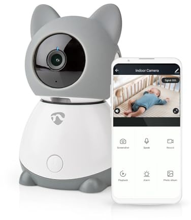 NEDIS Smart Wifi Baby Monitor, Indoor Camera Full HD 1080p, Night Vision, PTZ, Motion & Sound Detection, 2-Way Audio, Humidity & Temperature Sensor, App Control – White/Grey