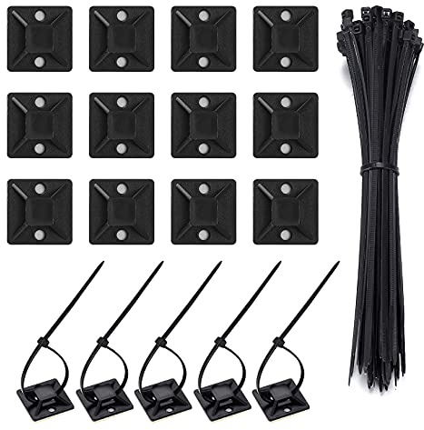 Cable Ties Adhesive Mounts, 100 Pcs Self Adhesive Cable Zip Ties ＆ 100 Pcs Wire Tie Mount Base Holders, Sticky Pads Organizer with Self Locking Nylon Tie Wraps for DIY Home Office Workshop
