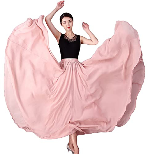 Damen Bauchtanz Rock Chiffonrock Tanzrock 720 Grad Großer Swing Röcke Lange Öffnungs Swing Rock Tänzerin Tanzkostüm Maxirock,Pink,S