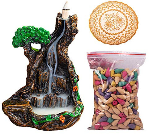 Rückfluss Räuchergefäß Halter Wasserfall - Harz Räucherstäbchenhalter mit 50 Rückfluss Räucherkegel + 1 Anti-Rutsch-Matte - Räucherwasserfall Rauchbrunnen Wasserfall für Meditation Zen Yoga Dekoration