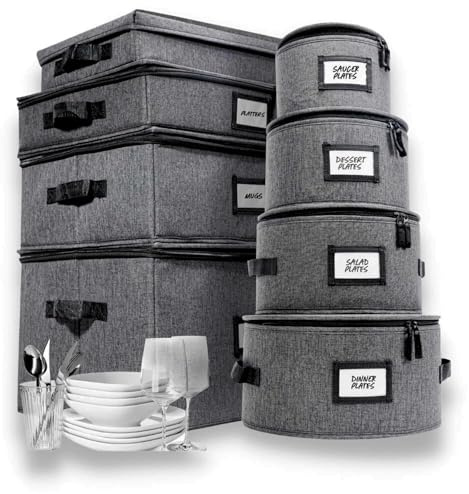 HOMELUX THEORY 8pcs Hard Shell China Storage Containers, Mug Storage, Wine Glass, Utensils, & Plate Storage Containers with Lid, Heavy Duty Dinnerware Storage for Packing Plates, Glassware & Cutlery