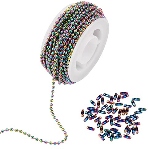 COGCHARGER 5M Rainbow Color Stainless Steel Ball Chains 2.5mm Multi-color Soldered Beads Chain with Ball Chain Connectors for Jewelry Necklace Making Crafts