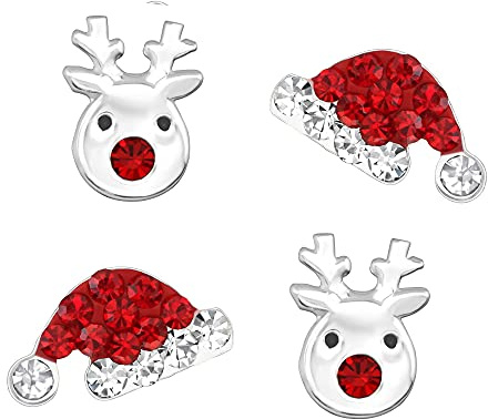 FIVE-D Lot de 2 paires de boucles d'oreilles en argent sterling 925 avec bonnet de Père Noël et sapin de Noël dans un étui à bijoux, 8 mm, Argent sterling, Sans pierre