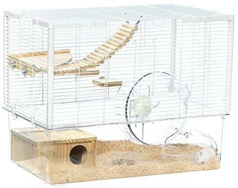 PawHut Hamster Cage, Gerbil Cage w/Deep Bottom, Litter Area, Wooden Ramp, Platforms, Hut, Exercise Wheel, for Small Rodents, 59 x 35.5 x 47cm