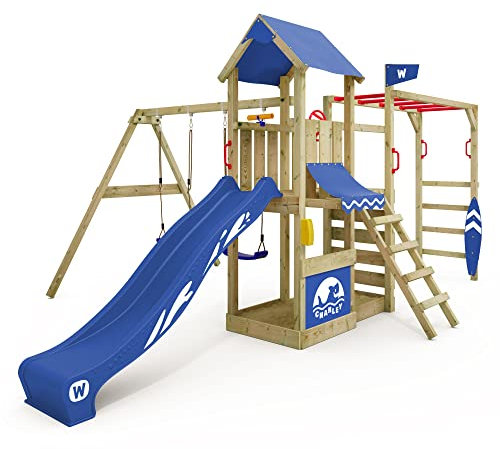 WICKEY Spielturm Klettergerüst Smart Baboon mit Schaukel & Blauer Rutsche, Outdoor Kinder Kletterturm mit Sandkasten, Leiter & Spiel-Zubehör für den Garten