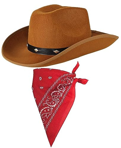 Set Cappello Cowboy Fazzoletti da Collo Bandana Multifunzione Sciarpa Festa Cowboy Costume Gadget Cowboy Accessori Travestimento Carnevale Mascherata Halloween Cosplay Festa a Tema (Marrone)