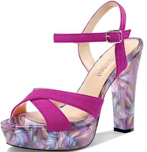 Saekcted Mujer Chunky Ancho Alto High Heel Abierta Punta Plataforma Correa Tobillo Sandalias Correa Cruzada Patchwork Dress Zapatos 13 CM Heels Fucsia Multicolor 38 EU