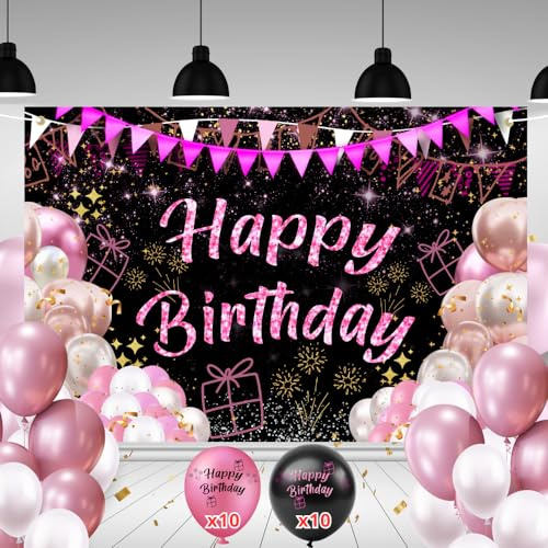 Pancarta Feliz Cumpleaños 110x180cm + 20 Globos | Cartel Decoración Fiesta Adulto Hombre Mujer | Photocall Cumpleaños Rosa | Telón Fondo con Cuerda | Adornos y Decoración (Rosa Happy Birthday)