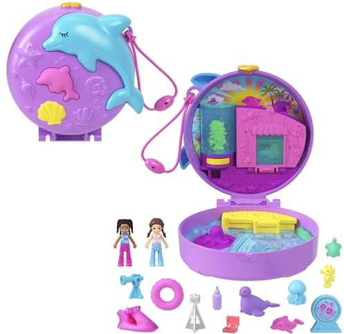 Polly Pocket - Cofanetto Missione Salvataggio Delfini, playset con due mini bambole e 12 accessori marini tra cui 2 cuccioli acquatici, giocattolo per bambini, 4+ anni, HWN96